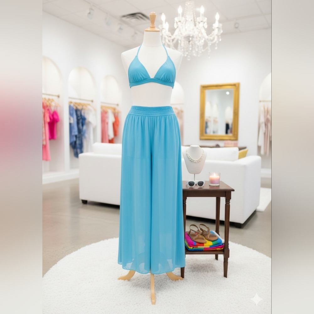 Turquoise Flowing Swim Cover-Up Skirt / Pants (Elastic Waist) XL